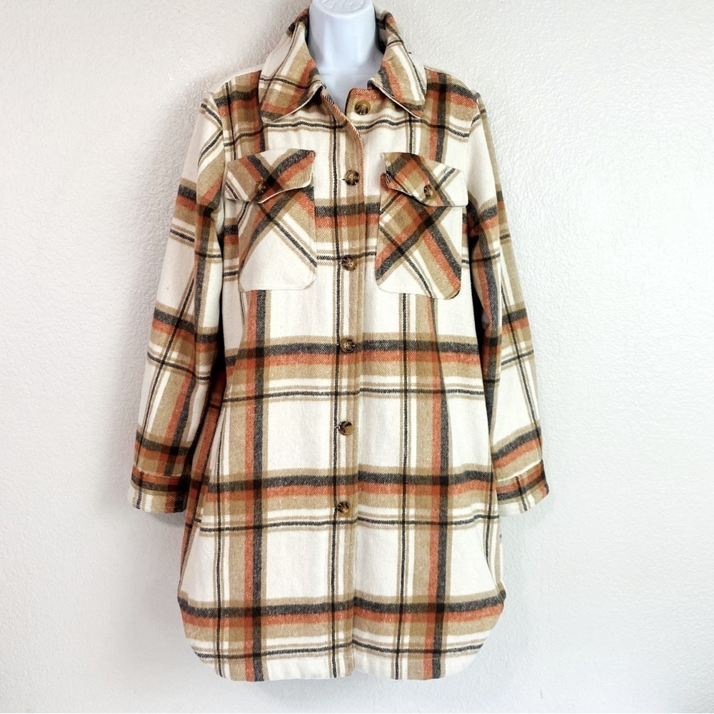 CoffeeShop Cream/Rust Plaid Shacket Size L